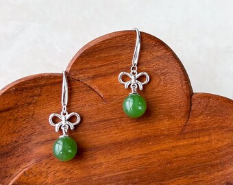 Ribbon Green Jade Earring, Green Nephrite Jade Sterling Silver Earrings, JSY-0424-12025