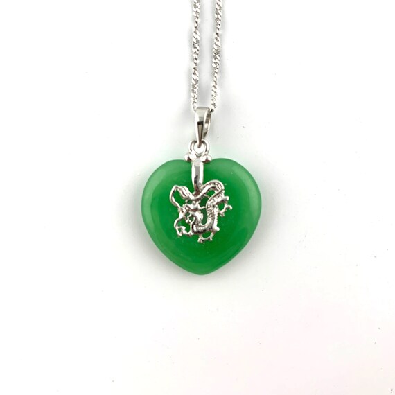 Jade Heart Dragon Sterling Silver Necklace - Heart Shaped Jade Pendant Jade Heart Dragon Sterling Silver Necklace - Heart Shaped Jade Pendant