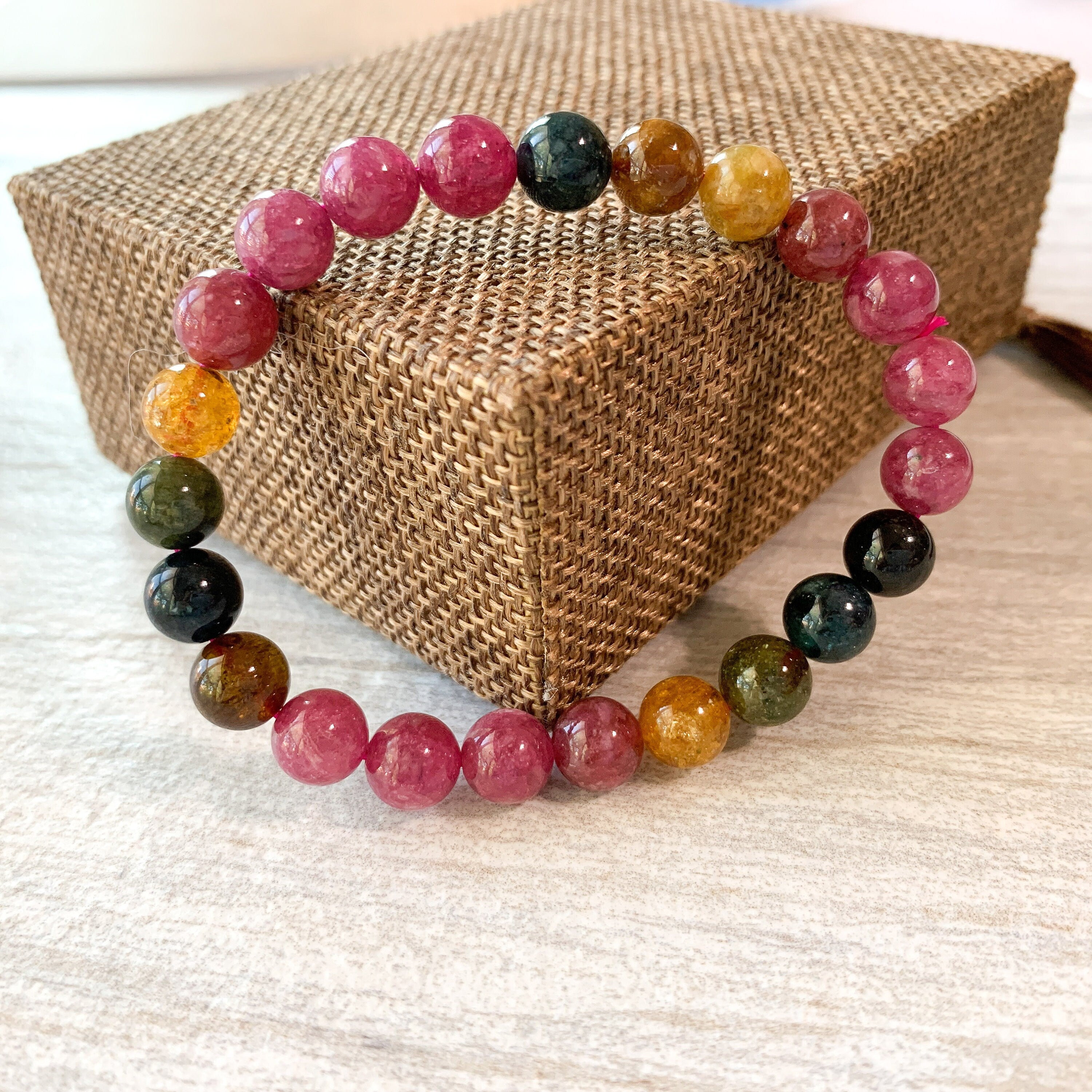 8 Mm Natural Rainbow Tourmaline Bracelet Multi Color