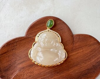 Large Nephrite Jade Happy Laughing Buddha Pendant, Budai, Jade with Gold Sterling Silver, XWZ-0223-1735424468
