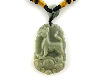 Jadeiet jade hond Chinese dierenriem gesneden rustieke hanger ketting, YW-0110-1646929654