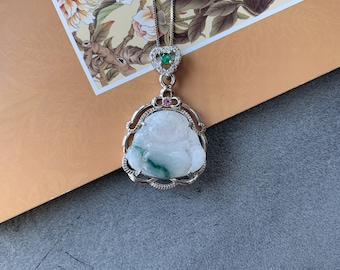 Jadeite Jade Happy Buddha Carved Sterling Silver Pendant, BJ-0621-0005599-1