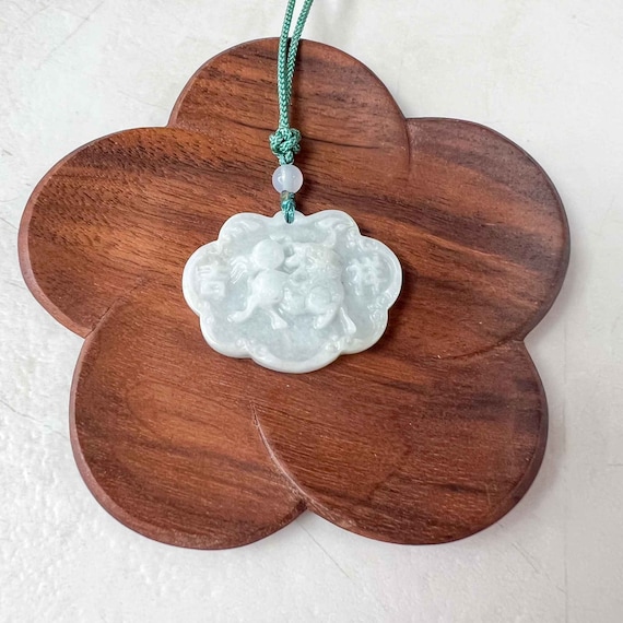 Jadeite Jade Longevity Lock Carved Necklace, 长命锁, 吉祥如意, YW
