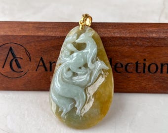 Colgante de jade con forma de zorro de nueve colas dorado con oro de 18 quilates, colgante de jadeíta amarilla tallado a mano, YGR-1223-YGR-1223-1729918732