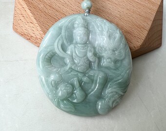 Green Jadeite Jade Guan Yin Avalokiteshvara, Dragon, Quan Am, Hand Carved Pendant Necklace, YJ-1221-0319681