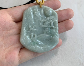 翡翠の風景、山、森、川の風景、手彫りペンダントネックレス、YJ