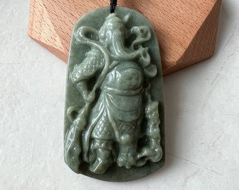 Large Green Jadeite Jade Guan Yu Guan Gong Carved Pendant Necklace, YJ-0621-0227652