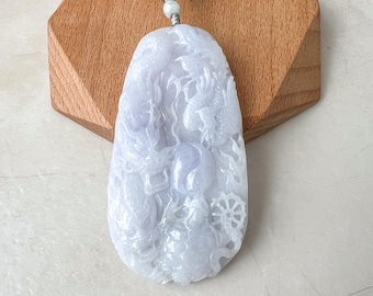 Celestial Trio Pendant: Dragon, Phoenix, and Dragon Turtle, Purple Jadeite Jade Hand Carved Pendant Necklace, BH-1231-0001866