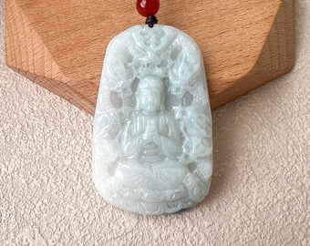 Colgante tallado de Buda de jadeíta blanca protegido por nueve dragones, BGC-0323-0030154
