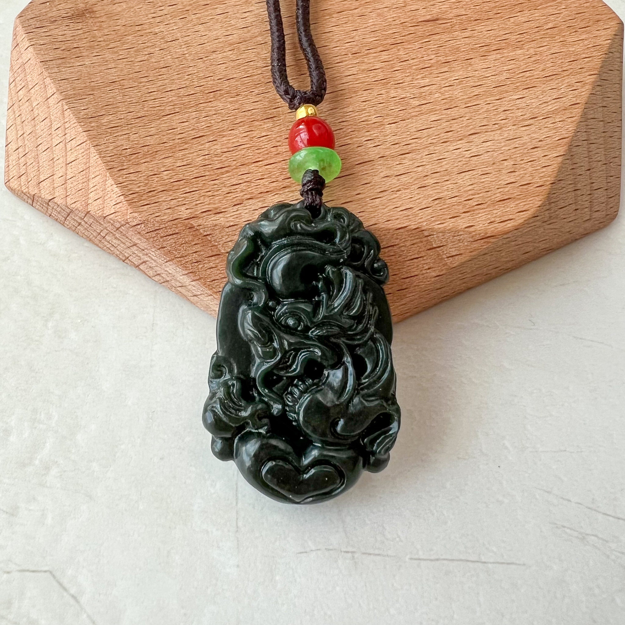 Dark Green Nephrite Jade Dragon Zodiac Hand Carved Necklace, RM