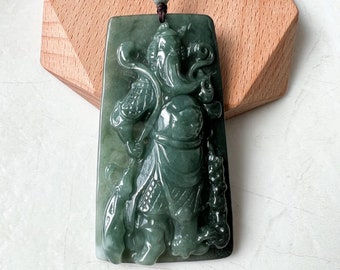 Large Green Jadeite Jade Guan Yu Guan Gong Carved Pendant Necklace, YJ-0621-0244293