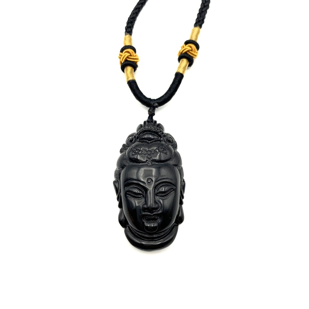 Obsidian Guan Yin Head Carved Pendant Necklace Guan Yin - Etsy