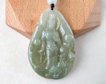 Protector Divino: Guan Yin con Tigres, Jadeíta Verde, Guan Yin, Avalokiteshvara, Collar con Colgante Tallado a Mano, YJ-0522-0395542