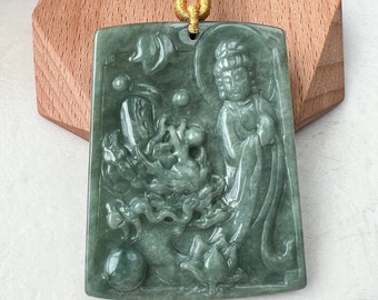 Large Green Jadeite Jade Guan Yin Kwan Yin Protected by Dragon, Avalokitesvara, Hand Carved Pendant Necklace, Quan Am, YJ-1221-0143581