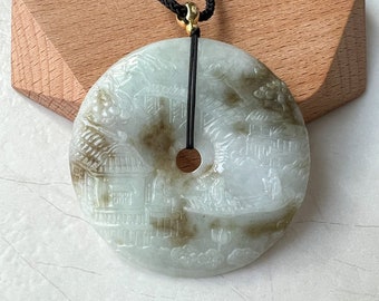 Jade jadéite, paysage de montagne, forêt, rivière, jade brun jaune, collier pendentif sculpté à la main, YJ-0622-0427831