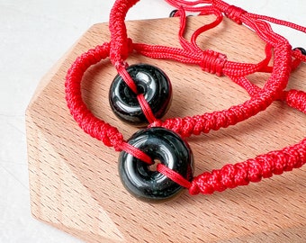 Small Black Red Jadeite Jade Circle Donut Ping An Peace Minimalist Bracelet, LGG-0422-1673245015