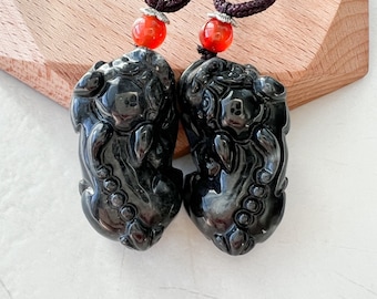 Pair Dual Couple Pendant, Black Jadeite Jade Dragon Pixiu Dragon Chinese Carved Pendant, YJ-1221-0203572