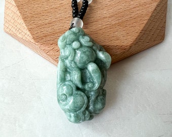 Green Jadeite Jade, Dragon Pixiu Pi Xiu, 貔貅, Right Side Pendant, Dragon Chinese Carved Pendant, YJ-0622-0362012-1