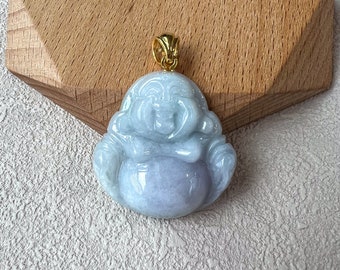 Purple Lavender Jadeite Jade Happy Buddha Carved Pendant with 18k Solid Gold Bail, YGR-0823-1706498689