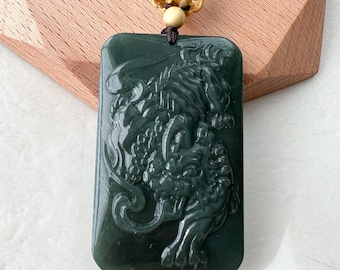 Nephrite Jade Pi Xiu Pendant, Dark Green Jade, Pi Xiu Carved Pendant Necklace, 貔貅, NVN-1221-1646272324