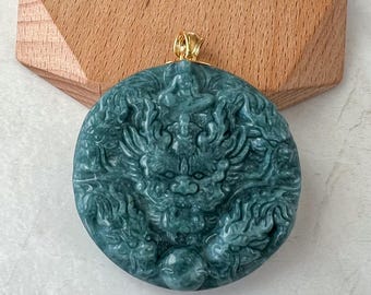Nine Dragon Guardian Jade Pendant, Green Jadeite Jade 9 Dragon with 18K Solid Gold Pendant, Dual Sided Carved Pendant, ALV-0424-1729969365