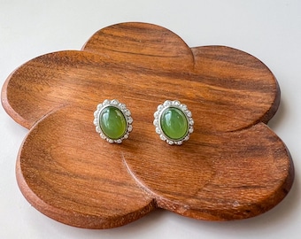 Green Jade Classic Earring Studs, Style 6, Green Nephrite Jade Sterling Silver Earrings, JSY-0424-12073