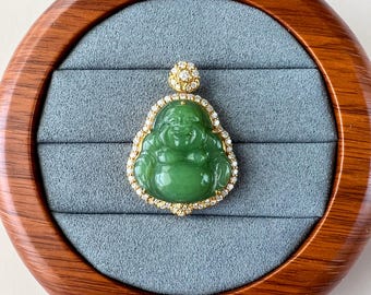 Pendentif Bouddha rieur de la prospérité en jade, jade vert Happy Buddha, jade néphrite avec or massif 18 carats et diamants, ZXG-1124-11760739971