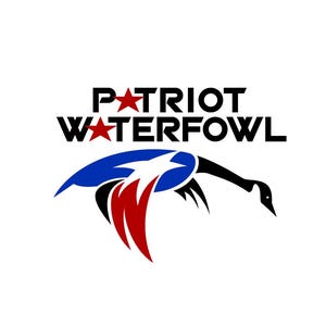 May include: A black and white logo with the text "PATRIOT WATERFOWL" in black. The logo features a stylized red, white, and blue goose with two red stars.