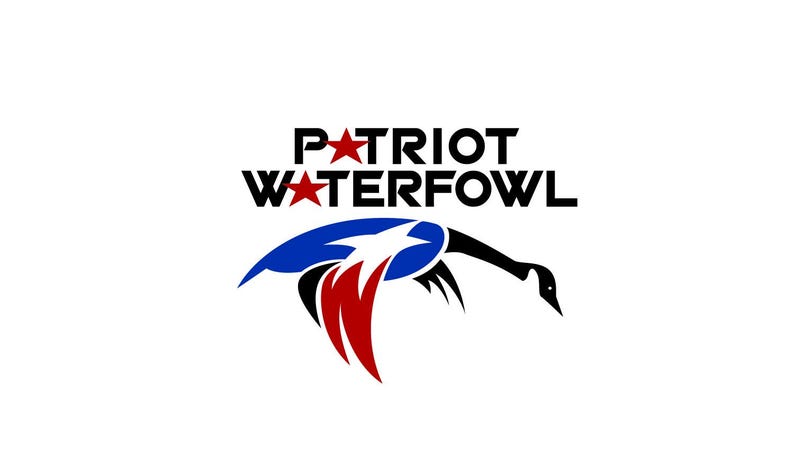 May include: A black and white logo with the text "PATRIOT WATERFOWL" in black. The logo features a stylized red, white, and blue goose with two red stars.