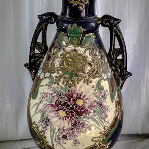 Vintage Satsuma Vase, Cobalt Blue Cream Moriage Floral Double Handles