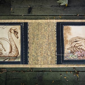 Leather Table Runner, Pyrography Swan Art on Vegetable-Tanned 14.5 x 40 Inches