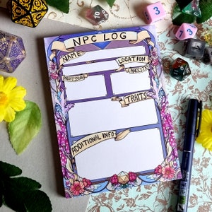 May include: An illustrated log book with a floral border in shades of purple and blue. The log book has sections for name, profession, location, ancestry, traits, and additional information. The text "NPC LOG" is at the top of the log book.