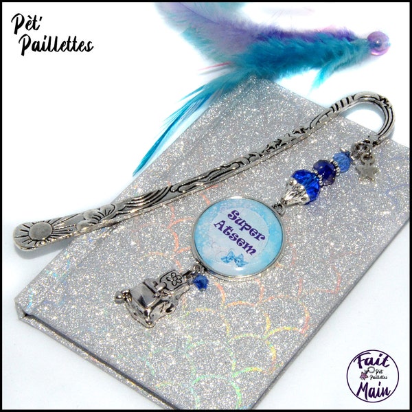 Grand marque page en metal et perles de verres bleues pour atsem, cadeau pour  atsem, Super atsem, remerciements atsem