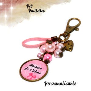 Idee cadeau pour mamie, bijou de sac bronze avec perles de verre et breloque, message mamie je t aime, super mamie, mamie cherie