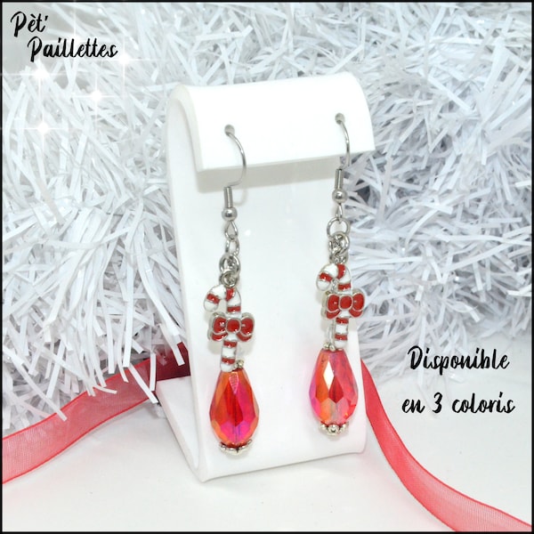 Boucles d'oreilles de Noel sucre d orge et perles de verre rouges et blanches, bijou de fete theme noel