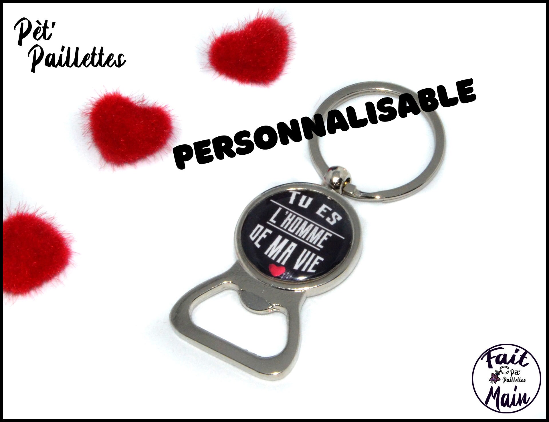 Porte Cles Ouvre Bouteille Personnalisable Pour Homme en Metal Argente et Resine, Cadeau Papa Tonton