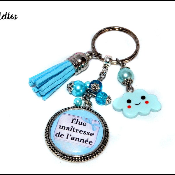 Porte cles maitresse, cadeau pour maitresse, porte cles avec pompon et breloque nuage Elue maitresse de l annee, merci maitresse