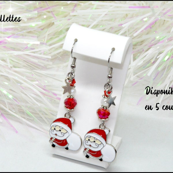 Boucles d'oreilles de Noel avec perles de verre et breloque émaillée père Noel, Bijou pour tenue de fêtes