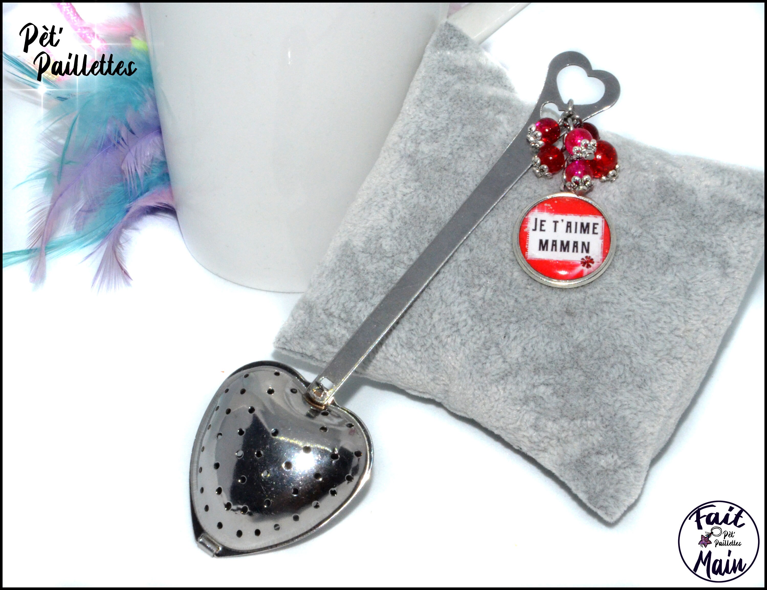 Cuillere Infuseur A The ou Tisane avec Perles de Verre Tons Rouges et Message Je T Aime Maman, Cadea