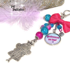 Bijou de sac maitresse au top avec breloque princesse et perles de verre, idee cadeau pour maitresse, merci maitresse, porte cles maitresse