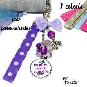 Idée cadeau pour nourrice, bijou de sac nounou avec perles de verre violettes et ruban, Meilleure nounou du monde, porte clés nounou
