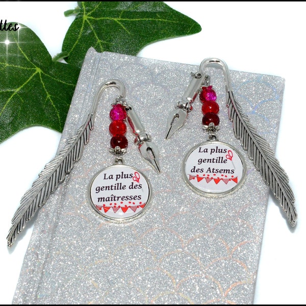 Duo de marques pages de poche pour maitresse et atsem avec perles rouges et breloque plume, cadeau pour maitresse, cadeau pour atsem