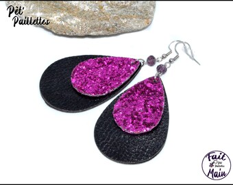 Boucles d oreilles cuir et paillettes, boucles d oreilles gouttes violettes et noires, bijou pour elle, cadeau pour femme