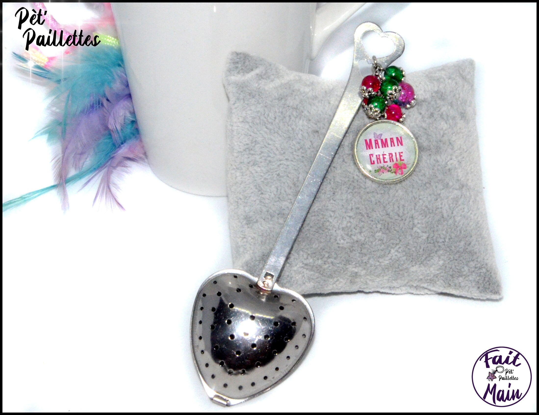 Cuillere A The Personnalise Pour Maman avec Perles de Verre Tons Verts et Fuchsias, Idee Cadeau Mama