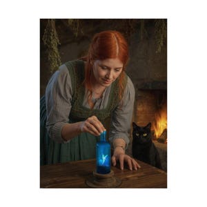 May include: A woman in a green dress and gray top is holding a blue bottle with a fairy inside. The bottle sits on a wooden stand. A black cat sits nearby. A fireplace and dried herbs are in the background.