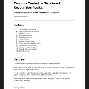 Puede incluir: Documento blanco titulado "Coercive Control: A Structured Recognition Toolkit". El documento incluye una lista de contenidos y un descargo de responsabilidad. El texto está en fuente negra sobre fondo blanco.