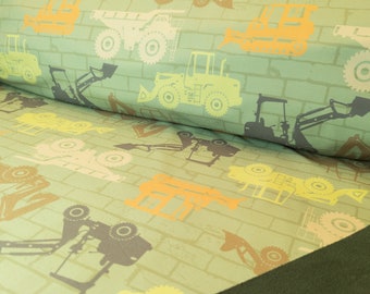 Softshell fabric children: construction vehicles olive // Softshell fabric sold by the meter for boys (50 cm)