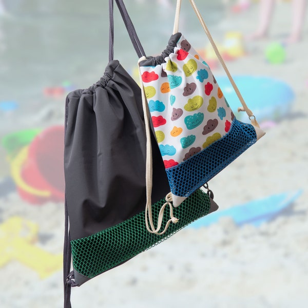 Turnbeutel mit Netzeinsatz // Kleiner Sandkasten Spielzeug Rucksack // Sandkasten Spielzeug Tasche // Geschenk 3 Geburtstag ~ Buddelbeutel