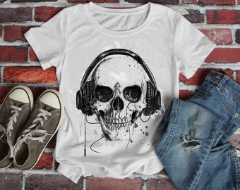 Skull Music T-Shirt Mens Womens Headphone