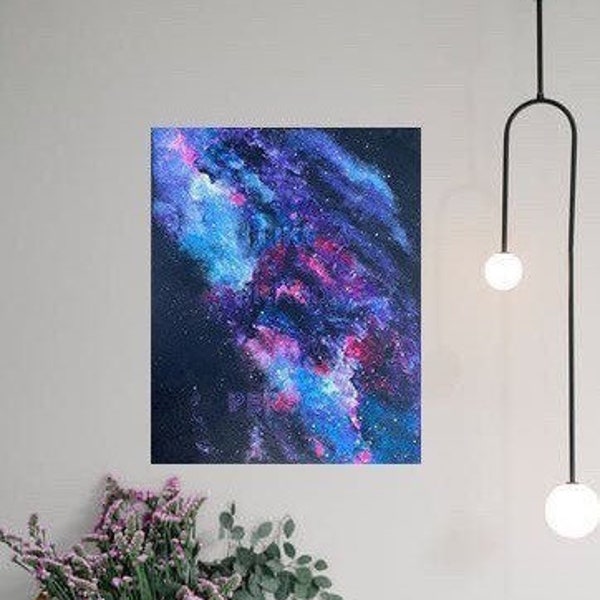 Peinture spatiale acrylique sur toile 16 x 20" | Art mural de l'espace | Décoration galaxie | Univers cosmique peinture lettrage oeuvre